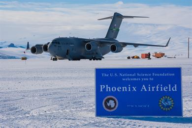 A C-17 cargo plane from Joint Base Lewis-McChord made the first landing on the newly-constructed Phoenix Airfield runway in Antarctica. The runway is a compacted deep-snow (15-meters) airfield located near McMurdo Station, Antarctica that will soon replace the Pegasus glacial ice runway, designed by the U.S. Army Engineer Research and Development Center (ERDC) Cold Regions Research and Engineering Laboratory and constructed 25 years ago.