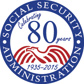 The 80th Anniversary seal of Social Security. The seal  has "Celebrating 80 years" written on it.