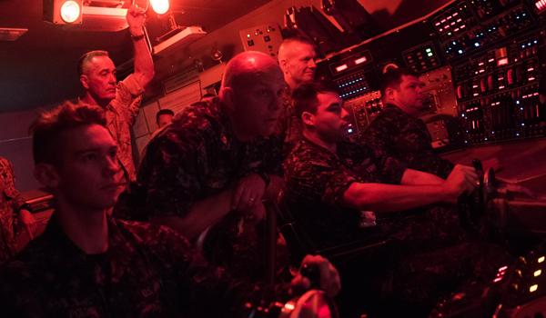 Chairman of the Joint Chiefs of Staff Marine Corps Gen. JoeDunford, and Senior Enlisted Advisor to Chairman of the Joint Chiefs of Staff Army Command Sgt. Maj. John W. Troxell, receive a demonstration of submarine training from students of the Trident Training Facility at Naval Submarine Base, Kings Bay, Ga., May 20, 2016. DoD photo by D. Myles Cullen