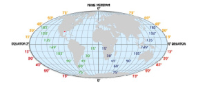 Map of the world showing longitude and latitude lines