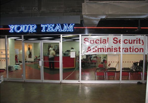 A makeshift Social Security office is open in the aftermath of the destruction