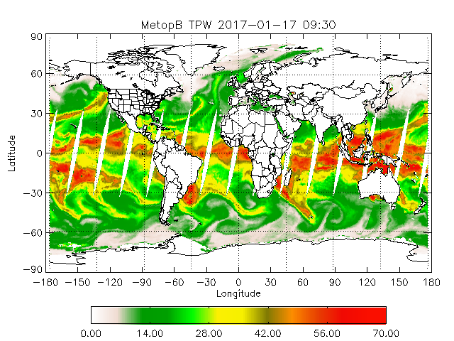 Total Precipitable Water from MetOp-B, Descending Orbit