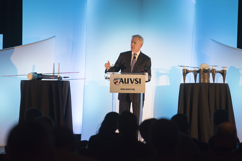 ARLINGTON, Va. (Oct. 27, 2015) Secretary of the Navy (SECNAV) Ray Mabus delivers remarks about the unmanned systems industry. Mabus was the keynote speaker at the Unmanned Systems Defense technology discussion and spoke about the role the Department of the Navy has in technology innovation. U.S. Navy photo by Mass Communication Specialist 2nd Class Armando Gonzales.