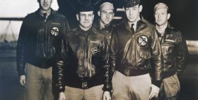 Crew No. 1 (Plane #40-2344, target Tokyo): 34th Bombardment Squadron, Lt. Col. James H. Doolittle, pilot; Lt. Richard E. Cole, copilot; Lt. Henry A. Potter, navigator; SSgt. Fred A. Braemer, bombardier; SSgt. Paul J. Leonard, flight engineer/gunner. Cole is the last surviving member of the "Doolittle Raid" crews, having celebrated his 101st birthday. (U.S. Air Force photo)