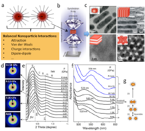 Pressure modulates balanced interactions in self-assembled nanoparticle arrays (a), enables formation of 1-3 dimensional nanostructures (c). In-situ structural (d,e) and optical (f) interrogation show correlation and consistency with phase transition processes (e,g) and formation of the nanostructures (c). 