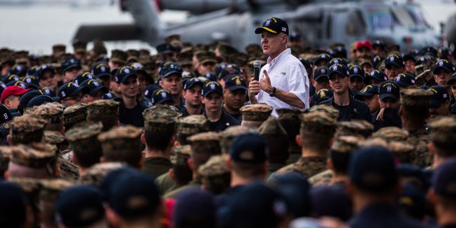 CHANGI, Singapore (Nov. 22, 2016) Secretary of the Navy (SECNAV) Ray Mabus addresses Marines and Sailors with the Makin Island Amphibious Ready Group/11th Marine Expeditionary Unit during his visit aboard the USS Makin Island (LHD 8. During Mabus' visit, he spoke to Marines and Sailors on the future of the Navy, observed shipboard procedures pulling out of port, and met with ARG/MEU leadership to discuss their future operations in the Pacific and Central Commands' areas of operation. (U.S. Marine Corps photo by Cpl. Devan K. Gowans/Released)