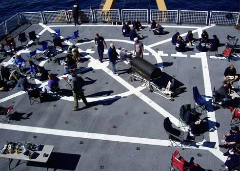 The flight deck without a helicopter is perfect for social functions.