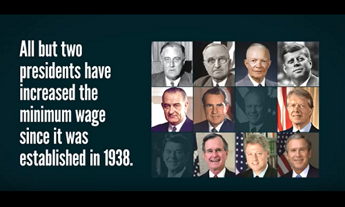 Screen shot from video about the history of presidents raising the minimum wage. 