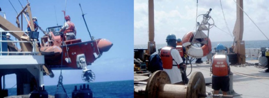 Preparing to service a buoy (left) and recovered buoy on deck (right)