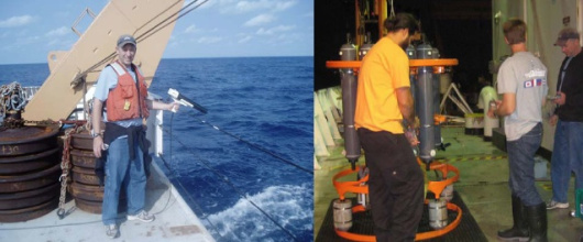 Here I am deploying an XBT (left) and collecting seawater samples from the CTD (right)