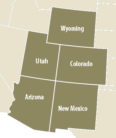 map of Colorado, Utah, Wyoming, Arizona and New Mexico