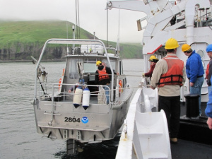 This is a survey launch lowered to deck level on a calm day. The bow and stern are attached to the davits by thick line.  Notice how you have to step across the space between Rainier and the launch.