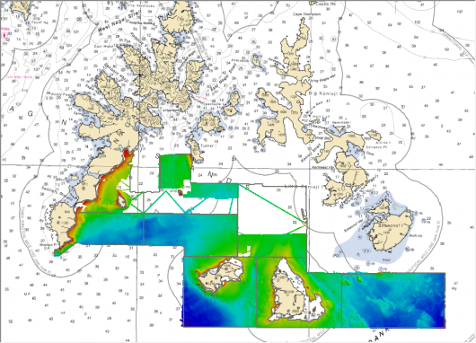 This is an image of all of the work that has been completed in the Shumagin Islands by the Rainier.  The colored sections have been completed, and you can see the polygons that need to be finished.