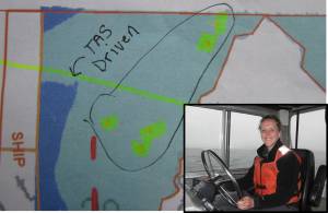 You can see the highlighted area was clearly marked on the boat sheet as "TAS Driven" to indicate to the hydrographer why the lines weren't exactly straight!