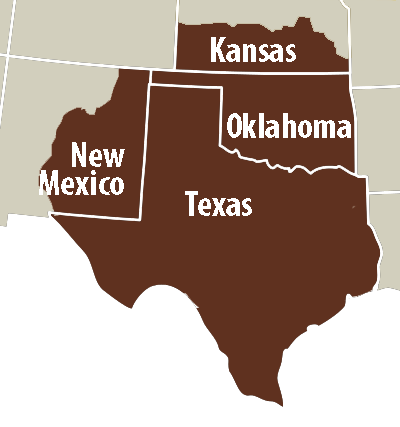 map shows Texas, Oklahoma, eastern New Mexico and Southern Kansas