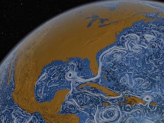 Visualization of ocean surface currents, based on output from an ocean circulation model called ECCO2. Such currents can leave their marks on Earth's gravitational field, a recent study shows. By Greg Shirah, NASA/Goddard Space Flight Center Scientific Visualization Studio.