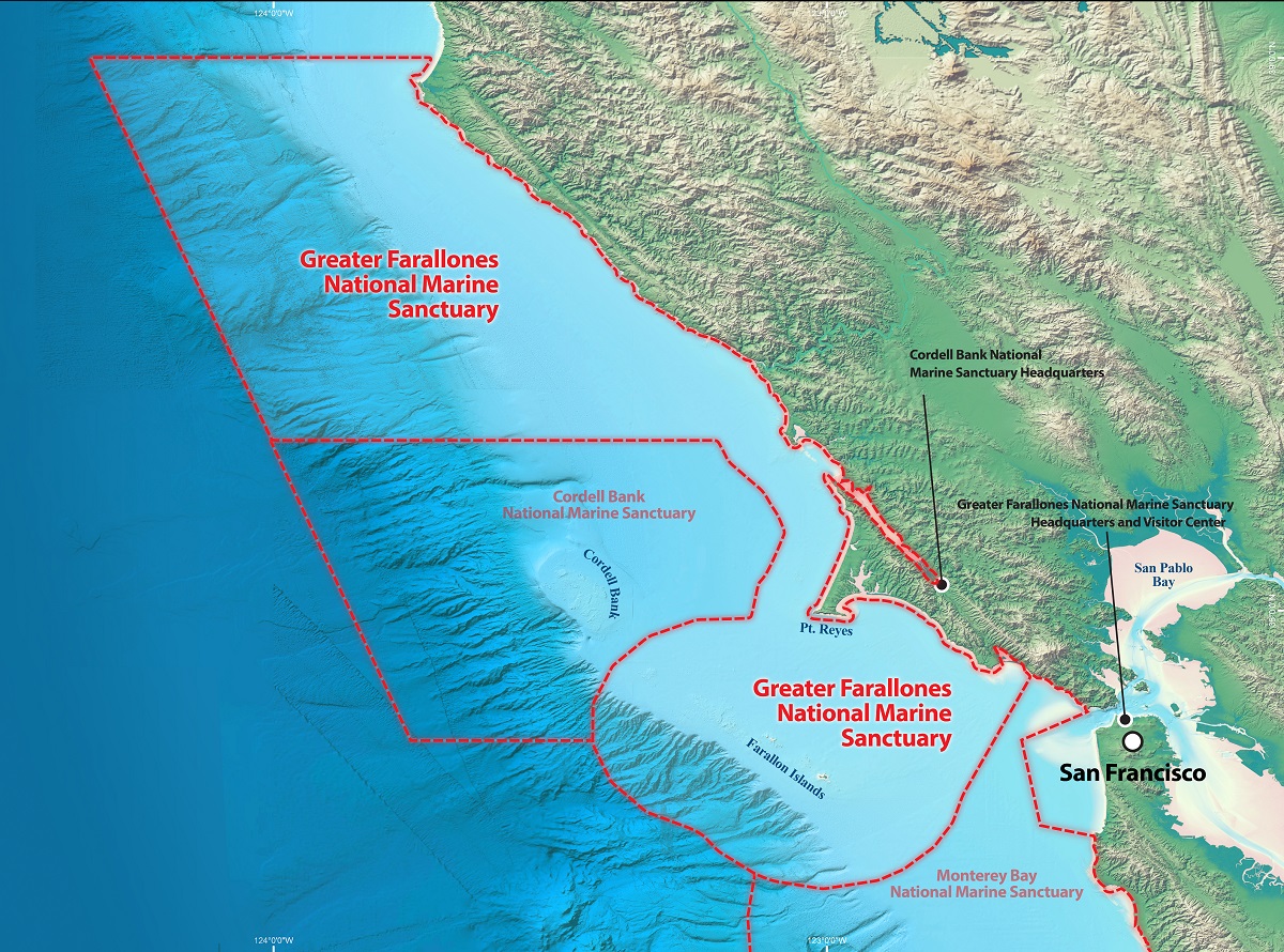 map showing the boundaries of the greater farallones and cordell bank national marine sanctuaries