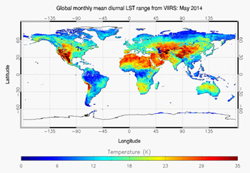 Global Monthly Mean from May 2014 of diurnal range of LST from S-NPP VIIRS - click to enlarge