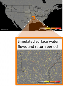 The CREST hydrologic model is used to produce surface water fluxes at 1 km/5 min resolution. These discharges are converted to return periods using a long-term hindcast simulation with forcing from the gridded NEXRAD rainfall archive.