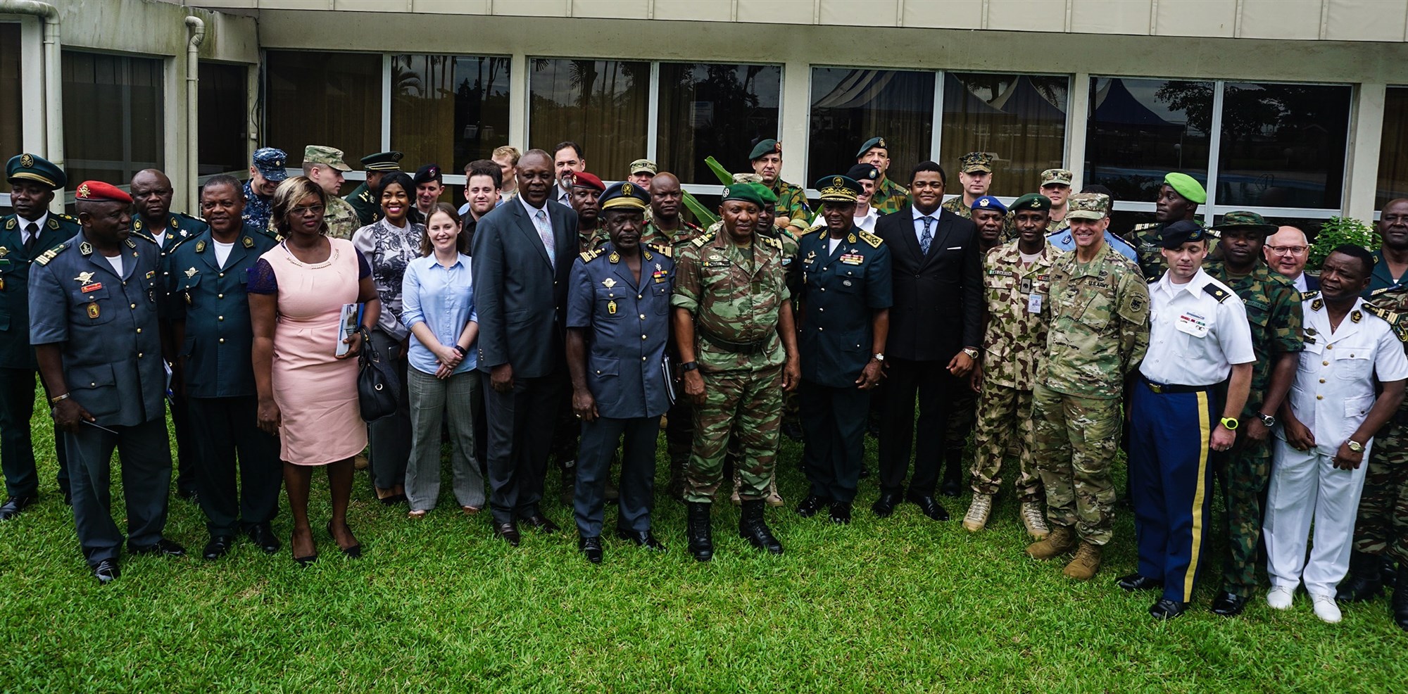 Planners from seven partner nations and distinguished guests pose for a group photo following the opening ceremony for the Unified Focus 2017 initial planning event (IPE), Douala, Cameroon, Oct. 11, 2016. The UF17 IPE brought partner nation planners together for the first time to discuss and begin shaping the inaugural Unified Focus exercise designed to enhance and enable Lake Chad Basin Commission nations to support the Multinational Joint Task Force (MNJTF) counter-Boko Haram operations.(Photo courtesy of U.S. Army Africa Public Affairs/Released)