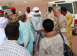 Gen. Thomas Waldhauser, Commander, U.S. Africa Command, and U.S. Ambassador to Niger Eunice Reddick meet with several Nigerien civilian leaders outside of Agadez, Niger on Nov. 1, 2016 to discuss improvements to Niger's Air Base 201. (Photo by Samantha Reho, U.S. Africa Command Public Affairs/Released)