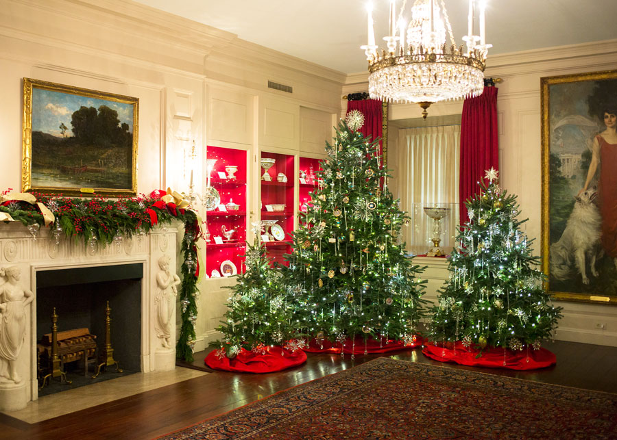This year, the China Room displays thirty intricate holiday ornaments, representing former Administrations. These decorations honor the gifts that each President bestowed upon our great Nation.