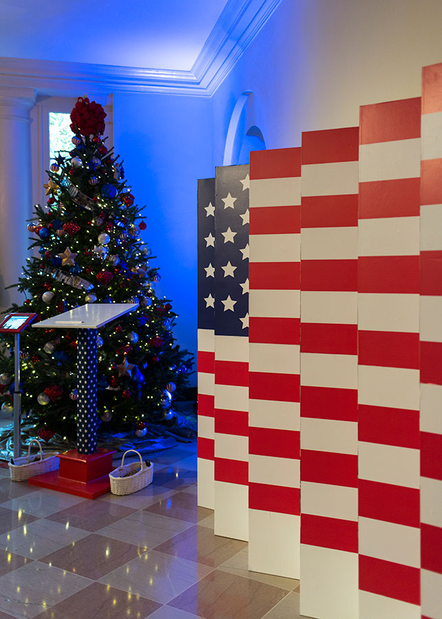 Gold Star ornaments adorn the evergreen that honors the men and women who have laid down their lives for our country.