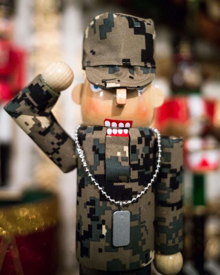 Nutcracker dressed as a soldier in the East Garden Room, which pays tribute to our nation's service members and veterans.