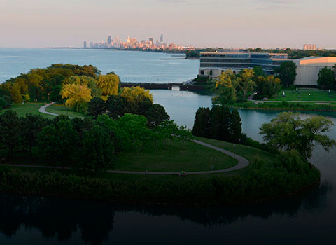 lakefront with visitor's center in distance