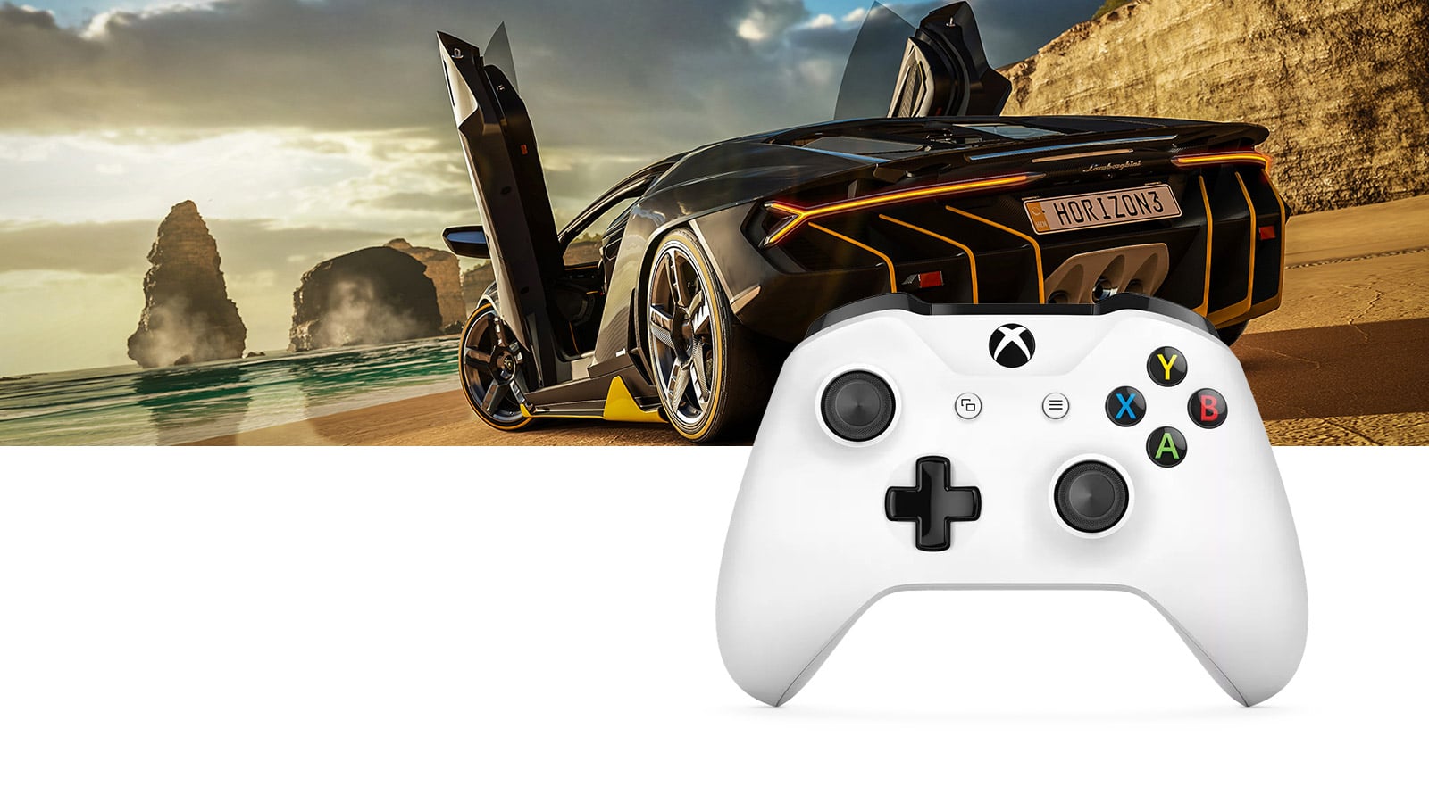 Xbox One S controller, as seen from the front with a gameplay image from Forza Horizon 3 behind it
