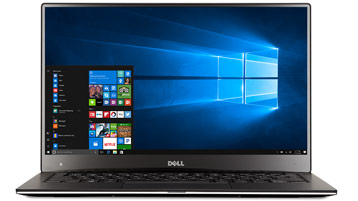 Dell laptop facing front with Windows 10 start menu open on screen
