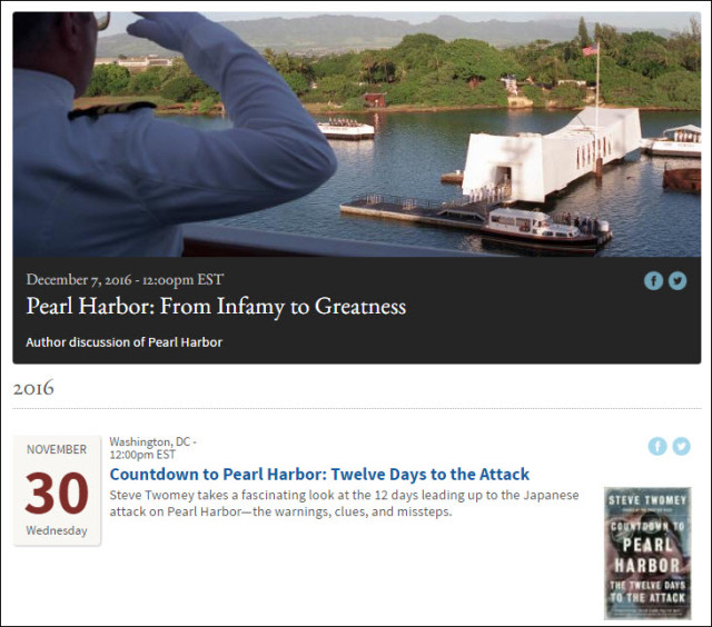 Screenshot of events list, featuring image from the event "Pearl Harbor: From Infamy to Greatness"