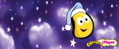 CBeebies bug wearing night cap with stars behind it