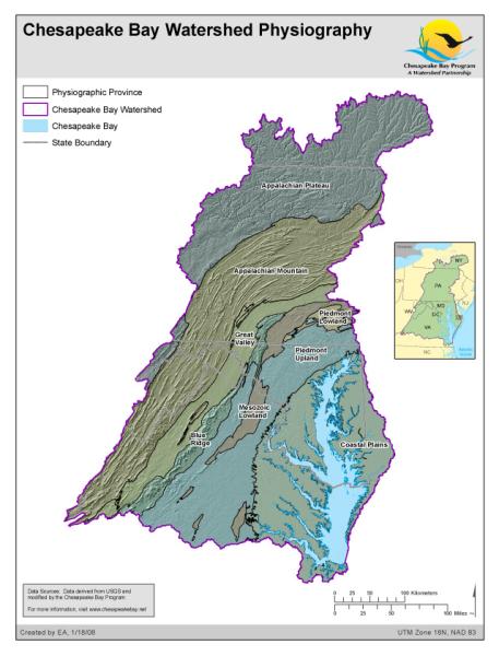 <strong>Chesapeake Bay Watershed Physiography</strong><br />Physiographic provinces in the Chesapeake Bay Watershed. Physiographic data derived from USGS and modified by the Chesapeake Bay Program GIS Team to divide the Piedmont into three distinct regions. Two out of the eight major US physiographic regions fall within the Chesapeake Bay Watershed; the Atlantic Plains and Appalachian Highlands. Within these regions, there are eight provinces within the…
