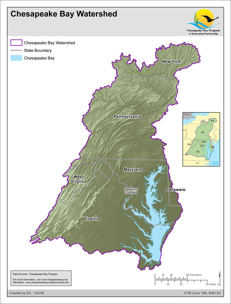 <strong>Chesapeake Bay Watershed</strong><br />Outline of the Chesapeake Bay watershed with elevation relief.