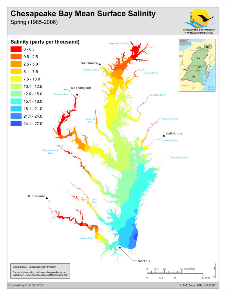 <strong>Chesapeake Bay Mean Surface Salinity - Spring (1985-2006)</strong><br />The salinity of the waters in the Chesapeake Bay and its tidal tributaries varies from season to season and year to year depending largely on the amount of freshwater flowing into the Bay.  The salinity of these tidal waters has an effect on such things as fish spawning habitat, bay grass species distribution, oyster distribution and the likely distribution of the oyster-killing parasites Dermo…