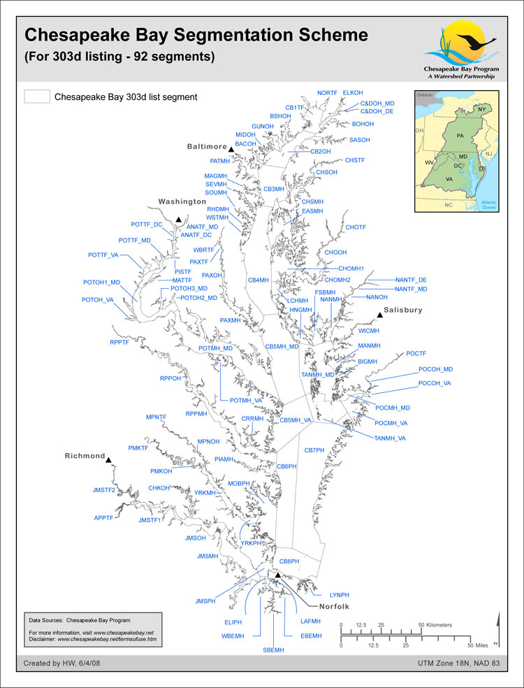 <strong>Chesapeake Bay Segmentation Scheme (For 303d listing - 92 segments)</strong><br />The 92-segment scheme for the Chesapeake Bay and its tidal tributaries used for dissolved oxygen and water clarity assessments in the most recent 303d/305b listing efforts of the four Bay tidal jurisdictions is documented here. The 92-segment scheme was derived from 1) the 2003 published 78-segment scheme with the addition of jurisdictional boundary lines imposed to create 89-segments, then 2)…