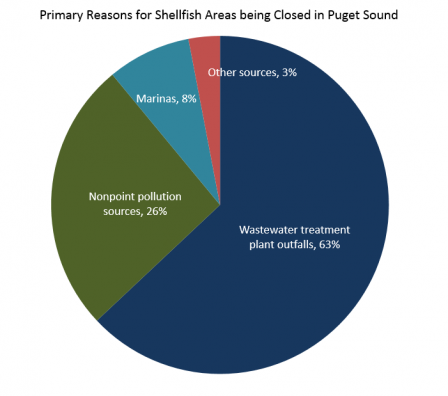 Chart showing the primary reasons that shellfish beaches in Puget Sound are classified as prohibited for harvesting.