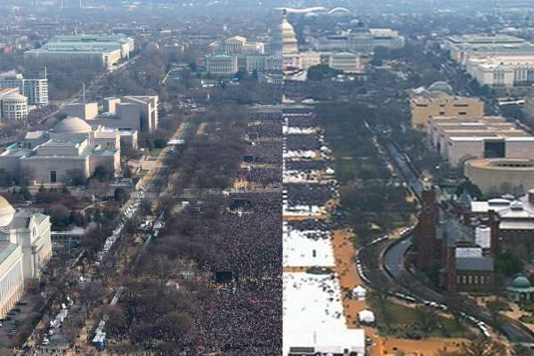 This pair of photos shows a view of the crowd on the National Mall at the inaugurations of President Barack Obama, left, on Jan. 20, 2009, and President Donald Trump, right, on Jan. 20, 2017. The photo above and the screengrab from video below were both shot shortly before noon from the top of the Washington Monument.