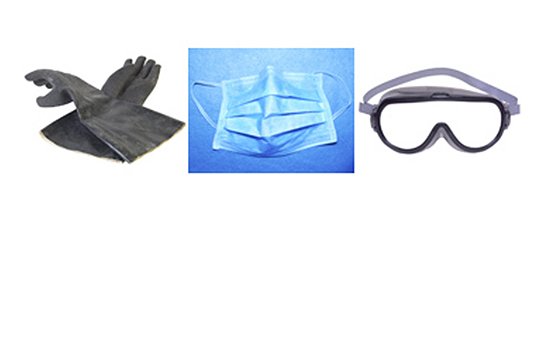 three items needed for cleanup - gloves, mask and goggles