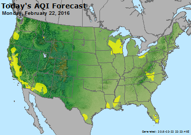 Today's AQI forecast USA map. Click for summary info.
