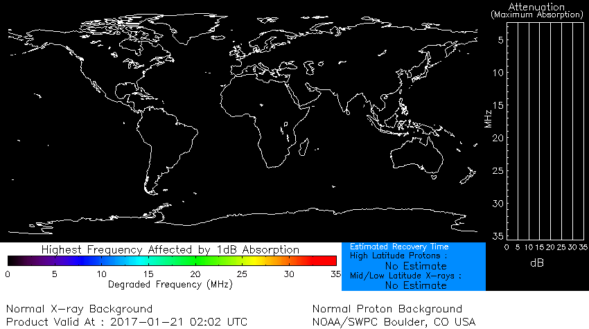 The latest D Region global absorption prediction at 1 dB plot and animation