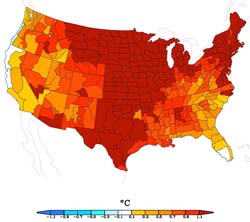 Map showing above normal annual temperatures in 2006.