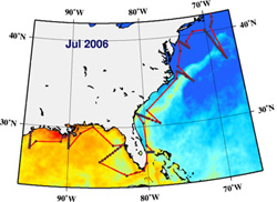 Cruise track on map of sea surface temperature.