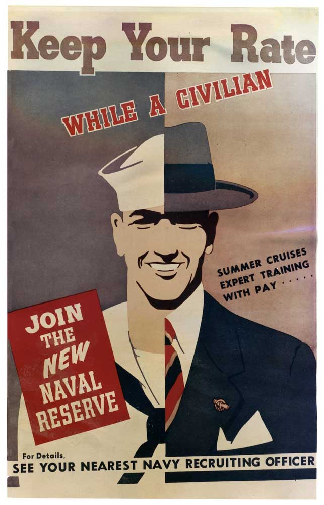 1948. Naval Reserve recruiting poster emphasizing the Citizen-Sailor Concept of the Naval Reserve. U.S. Navy image.