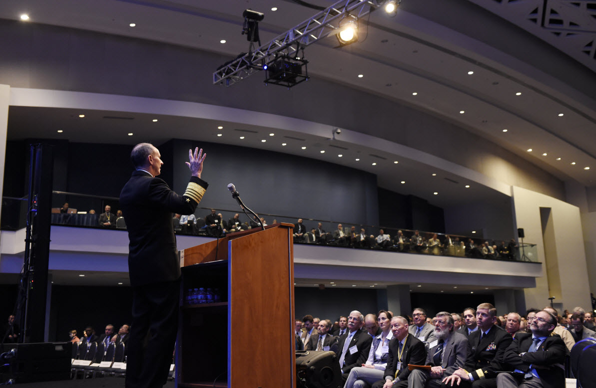 WASHINGTON, D.C. (Feb. 4, 2015) Chief of Naval Operations (CNO) Adm. Jonathan Greenert, speaks during the Naval Future Force Science and Technology (S&T) EXPO. The EXPO provides broad access to Office of Naval Research (ONR) research, people and opportunities, and helps participants explore new ideas while also learning how to work with ONR. (U.S. Navy photo by John F. Williams.