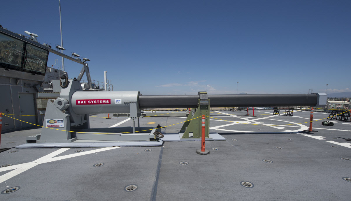SAN DIEGO (July 8, 2014) One of the two electromagnetic railgun prototypes on display aboard the joint high speed vessel USS Millinocket (JHSV 3) in port at Naval Base San Diego. The railguns are being displayed in San Diego as part of the Electromagnetic Launch Symposium, which brought together representatives from the U.S. and allied navies, industry and academia to discuss directed energy technologies. U.S. Navy photo by Mass Communication Specialist 2nd Class Kristopher Kirsop.

