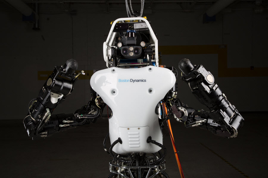 The Atlas robot was redesigned with the goal of improving power efficiency to better support battery operation. Approximately 75 percent of the robot was rebuilt; only the lower legs and feet were carried over from the original design. DARPA image.