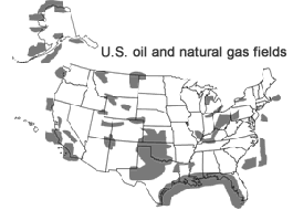 Map of U.S. Oil and Gas Fields showing onshore and offshore fields. Source: National Energy Education Development Project