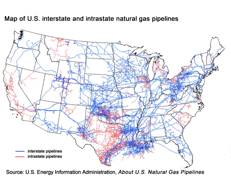 Map showing that the national natural gas mainline transmission grid is made up of approximately 217,000 miles of interstate pipelines and 89,00 miles of intrastate pipeline. Source: Energy Information Administration, Office of Oil and Gas, Natural Gas Division, Gas Transportation Information System